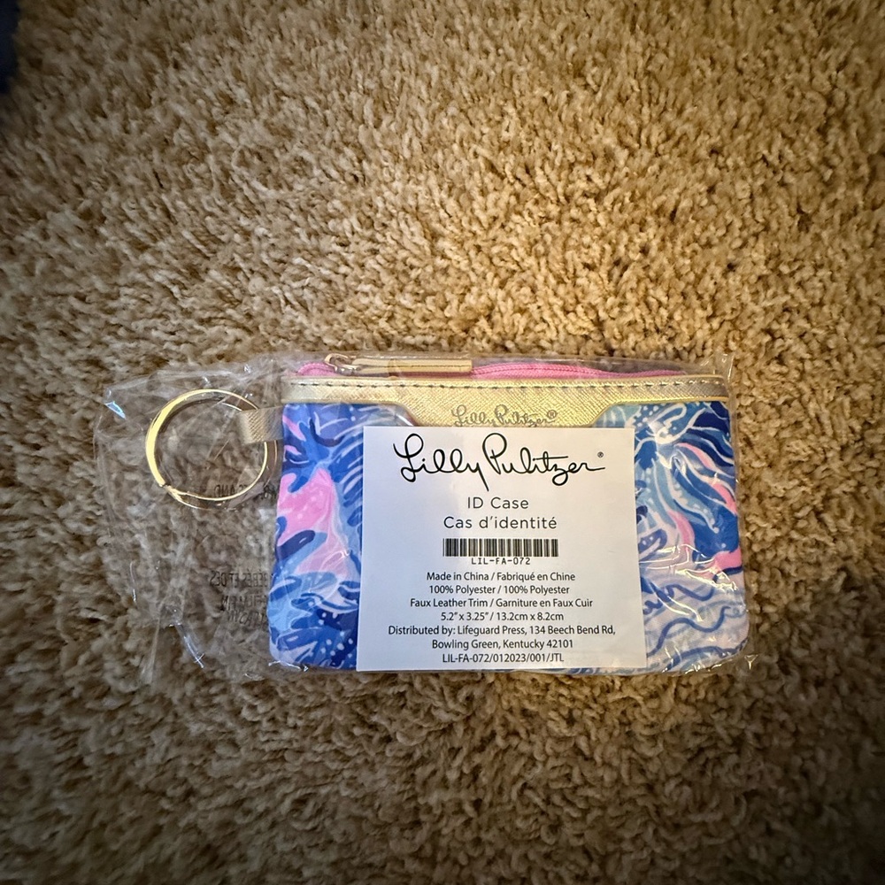 Lilly Pulitzer Pink and Blue Floral-Print ID Case with Gold Key Ring
